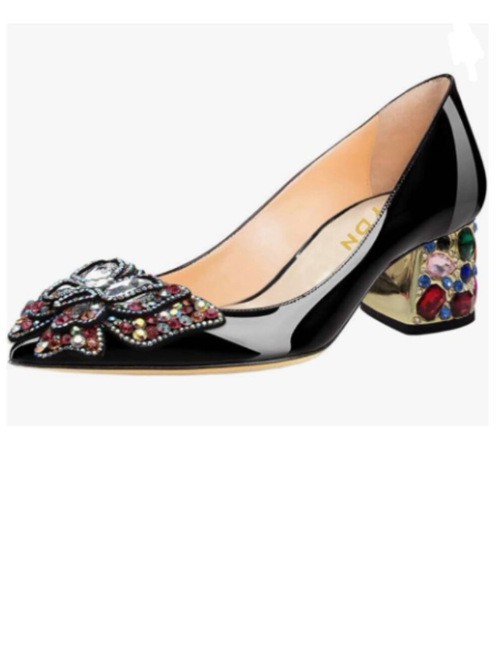 YDN Black Women's Pointed Toe Bow Butterfly Rhinestone Block Low Heel Shoes